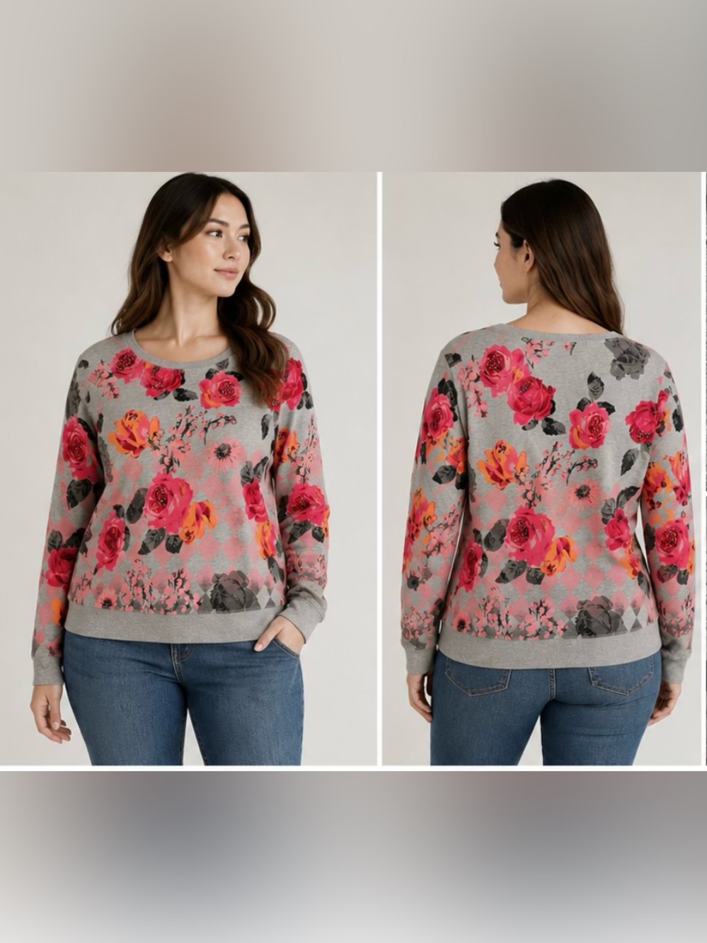 Nuwaa Sport Floral Rhinestone Sweatshirt Gray Pink Roses Size M